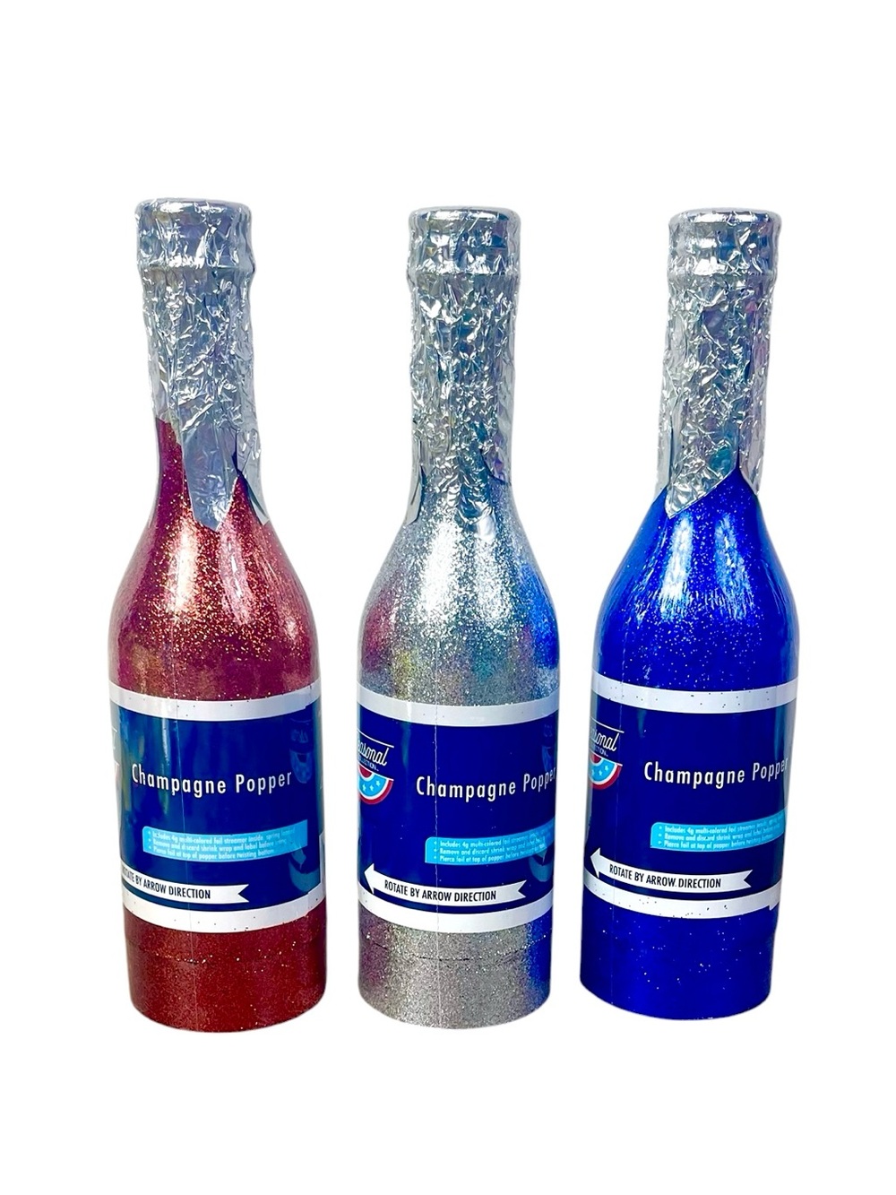 Glitter Champagne Party Poppers - Red, Silver & Blue